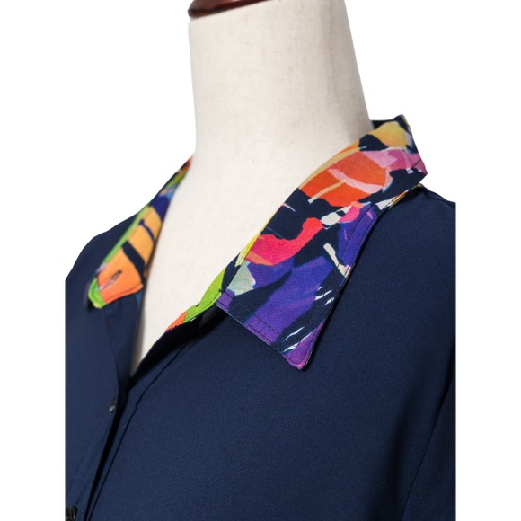 Women's Chiffon Shirt Flowy Blouse Abstract Navy Size M 3/4 Sleeve NWT Klaveli - Picture 6 of 7